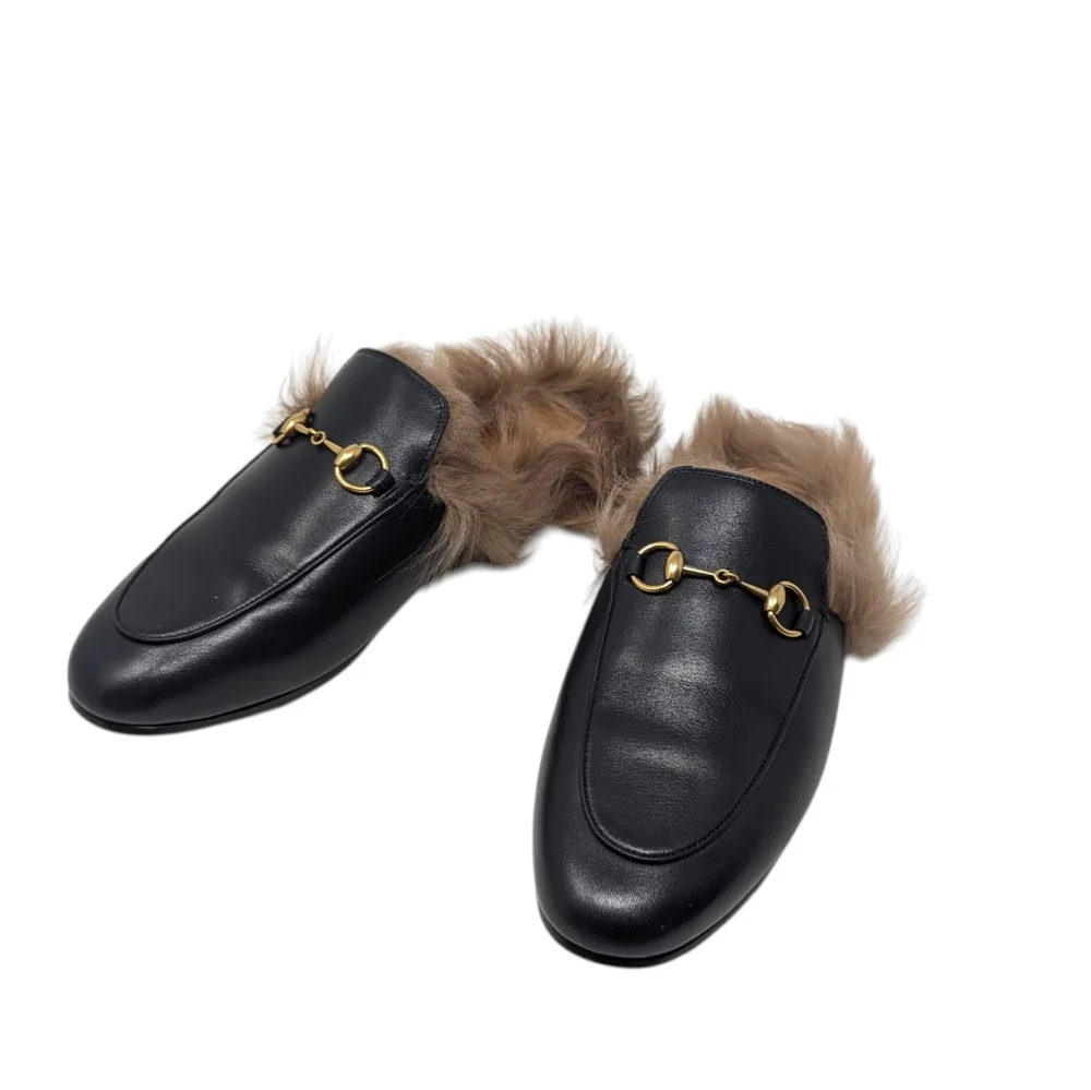 Gucci Black Leather Fur Princetown Mule Loafer Size EU 39 - Picture 4 of 9